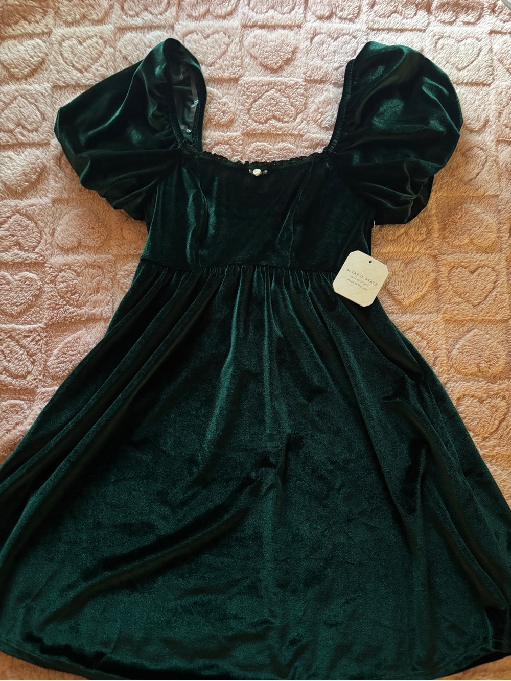 Altar'd State Dark Green Velvet Mini Dress with Puff Sleeves
